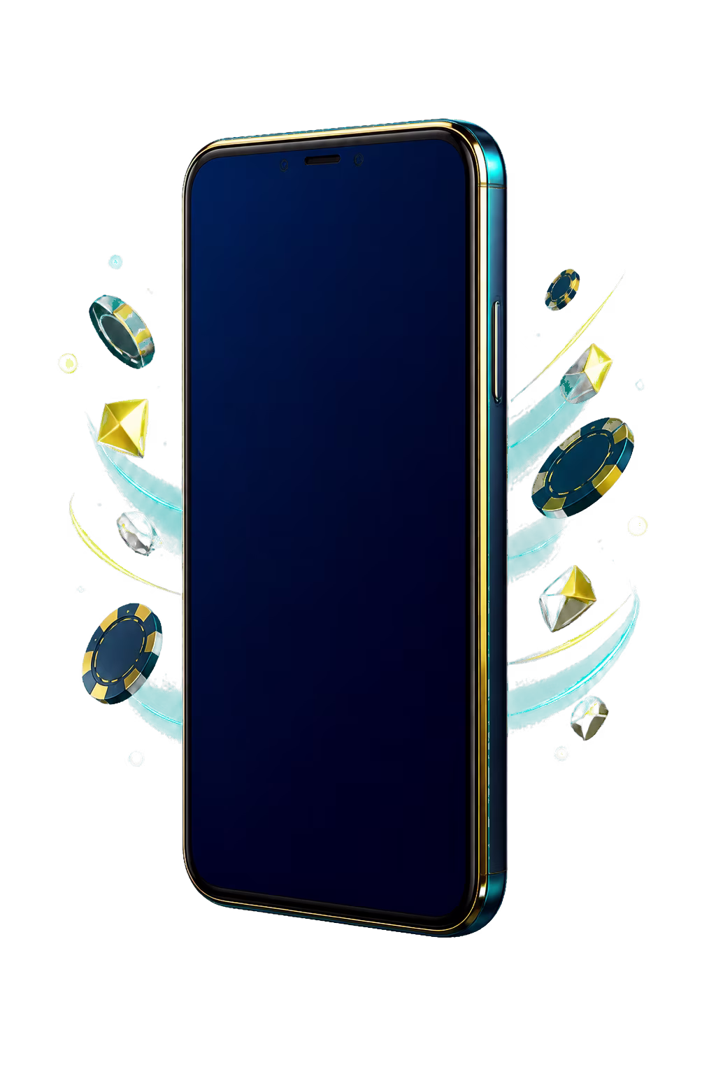 Black and gold smartphone with casino reel symbols