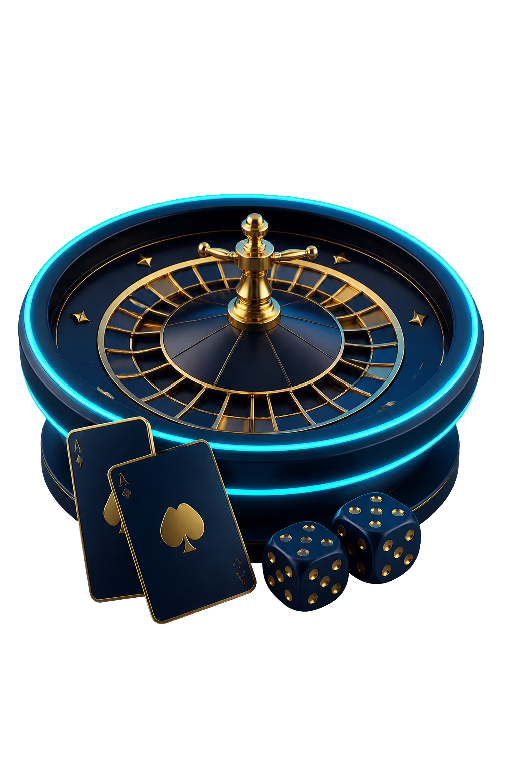 Black and gold roulette wheel, playing cards and dice