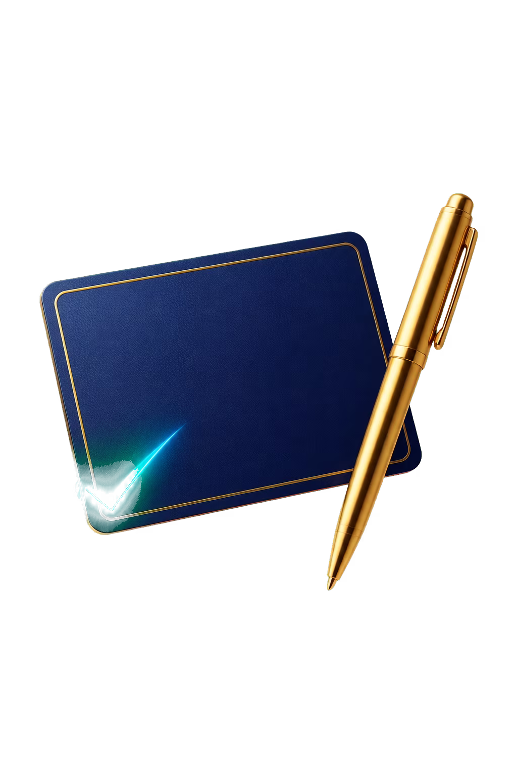 Black membership card with a gold check mark and pen